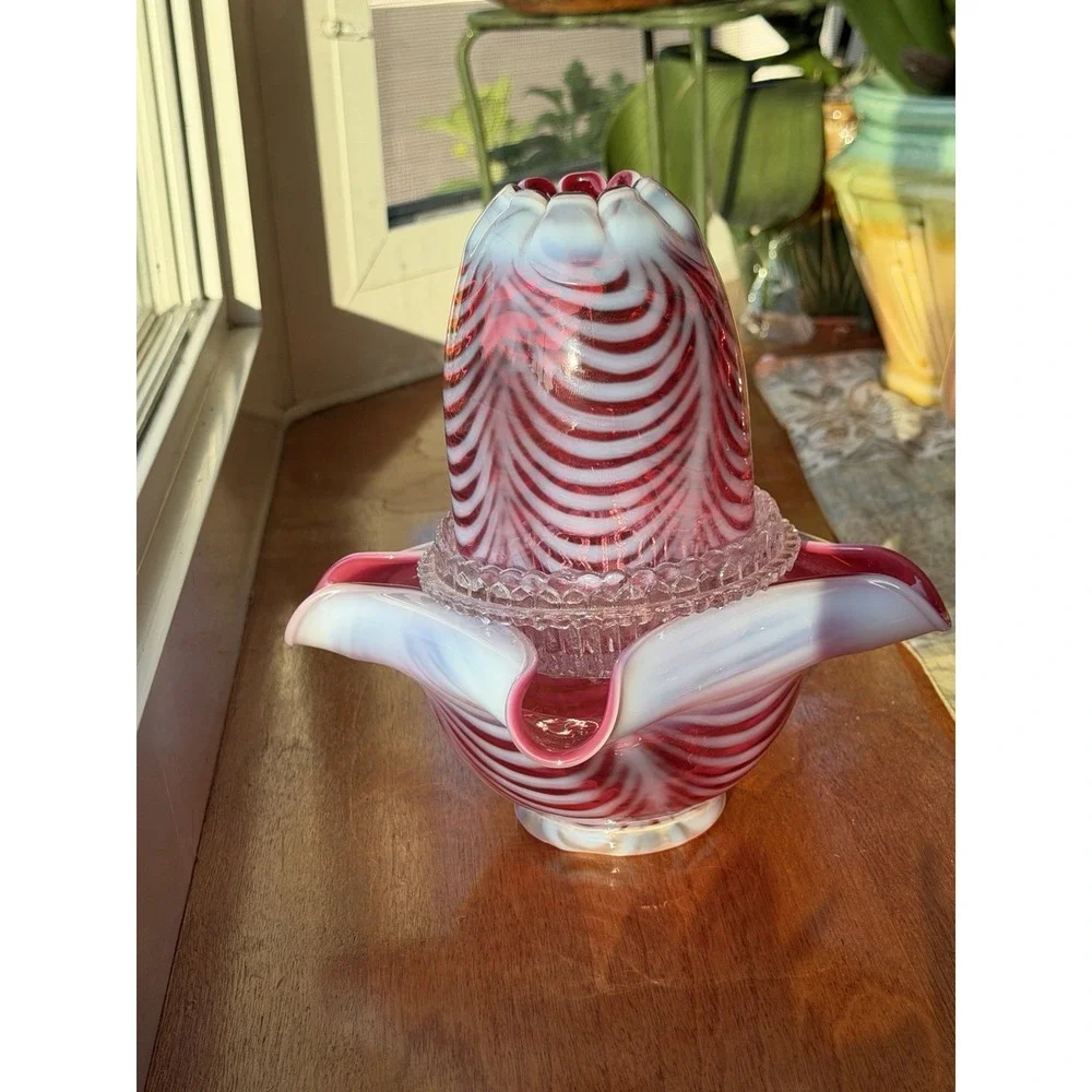 Fenton Fairy Lamp 3 Piece Cranberry Opalescent Swirl Drapery Pattern Candle